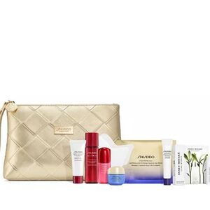 New Shiseido 8 Piece Holiday Gift Set Gold Pouch